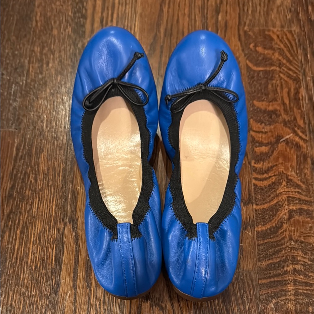 J.Crew Blue Ballet Flats with Black Bow elastic sides NWOT
